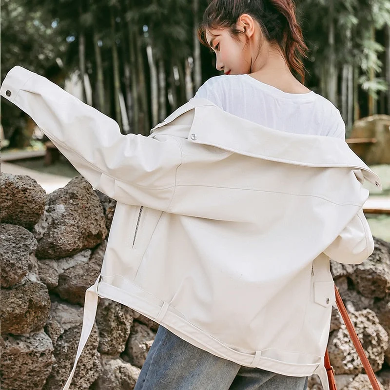 FTLZZ 2021 New Spring Women Pu Leather Motorcycle Jacket Female With Belt Solid Color Jackets Ladys Loose Casual Jacket