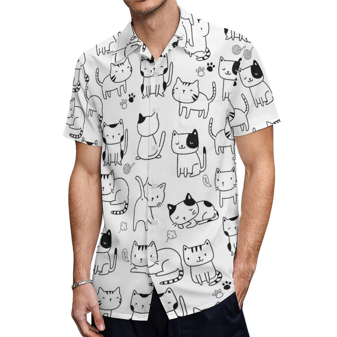 Cartoon Sushi Roll Cats Black White Doodle Rows Meow Hawaiian Shirt Mens Button Down Plus Size Tropical Hawaii Beach Shirts