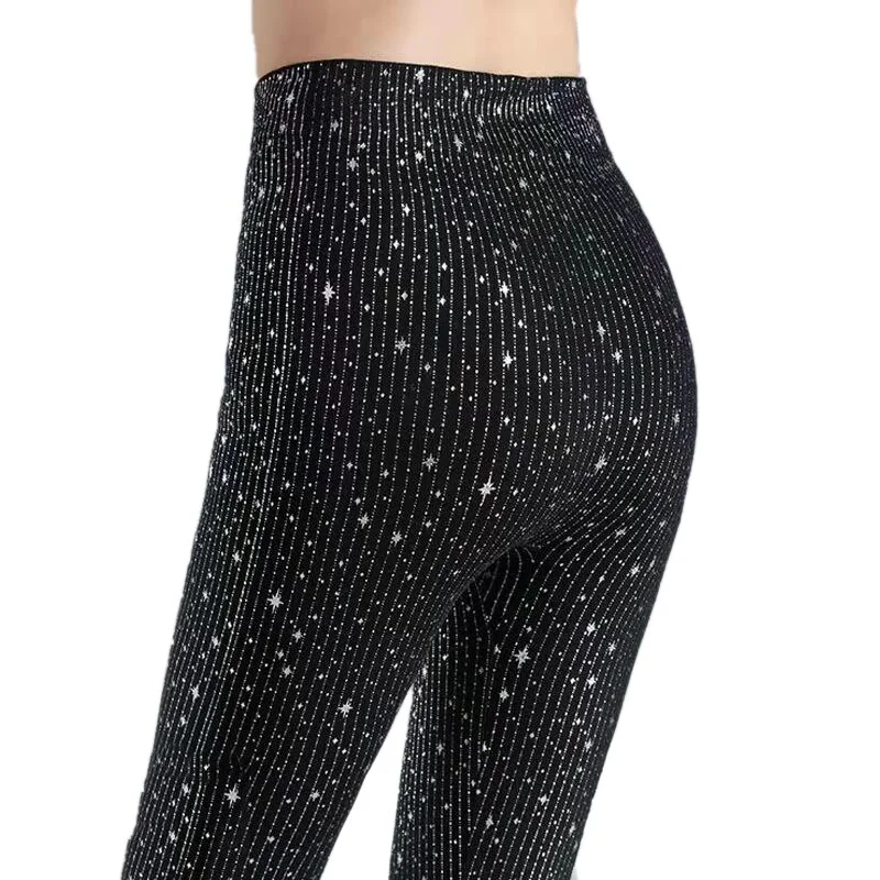 Solid Black Ladies Elegant Pants Shine Bronzing Print Fashion  Slim Leggings High Elastic Leggings Hips Push Up Yoga Pants