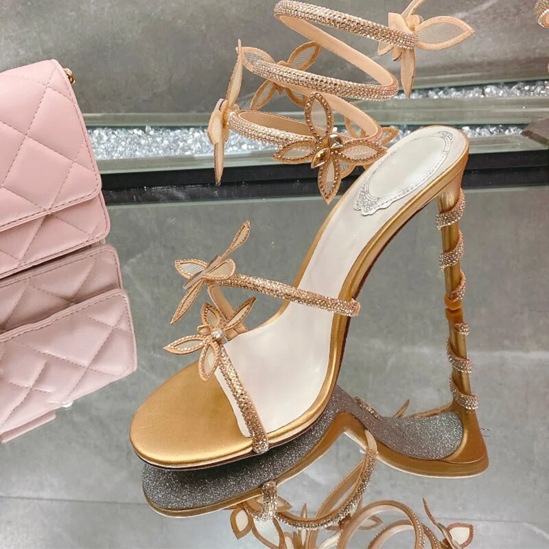 VCSHOES Butterfly Serpentine Embellished Crystal High-Heeled Sandals Round Toe Stiletto Heels Party Evening Woman Sandals