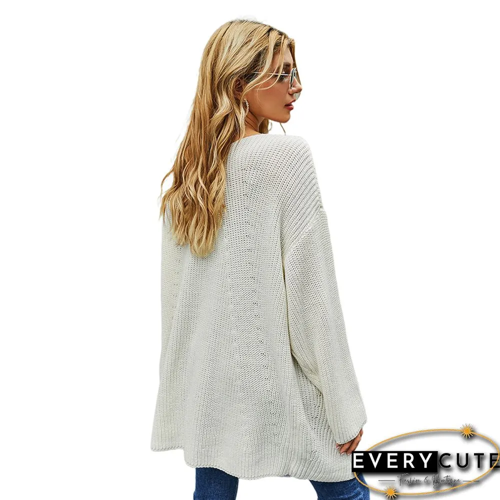 Solid White Thick Cardigan with Pockets