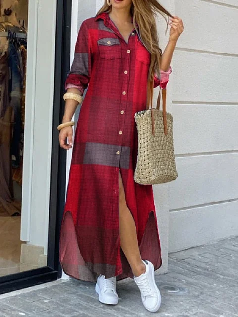 Plaid Robe Elegant Button Long Shirt Dress