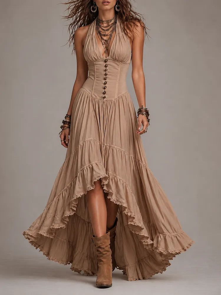 Bohemian Cotton Halter Corset Tiered Maxi Dress