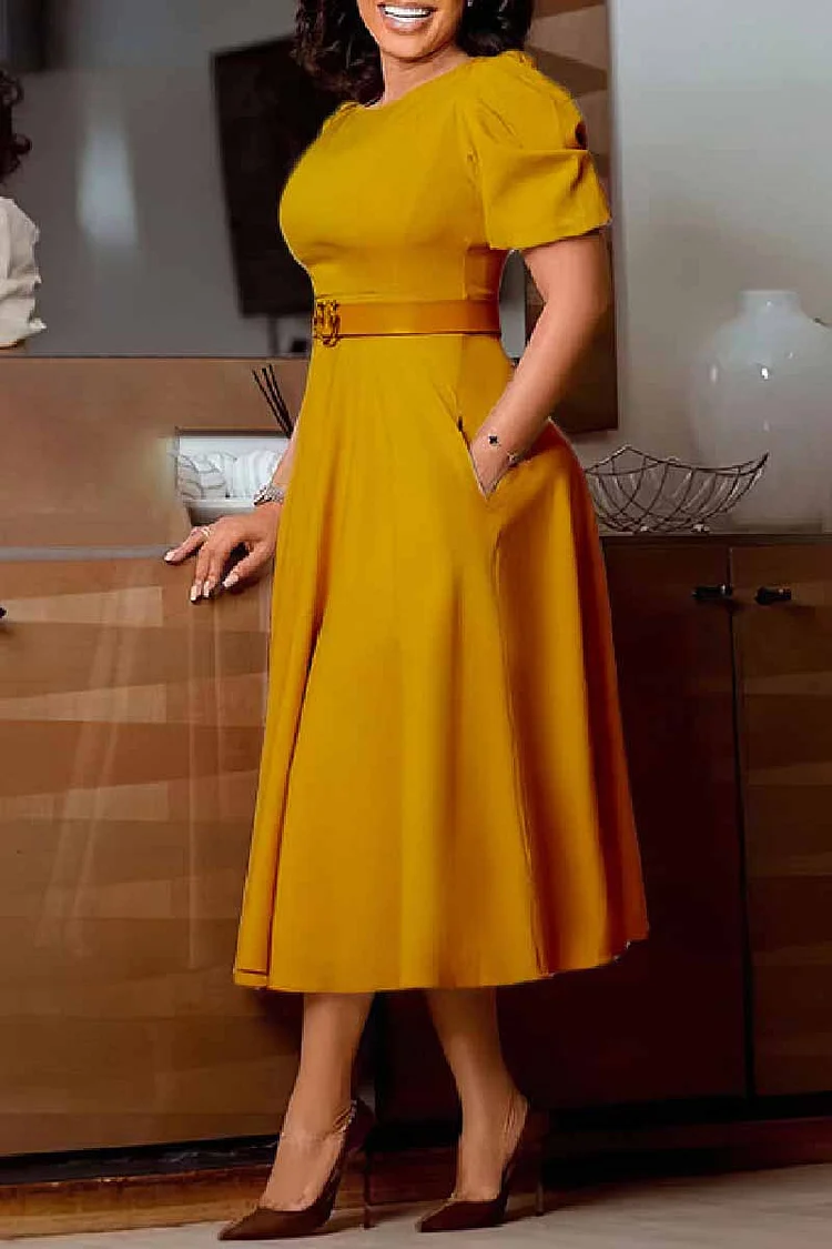 Casual Solid With Belt O Neck A Line Dresses