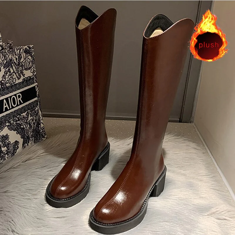 Women's Fashion Thigh High Long Boots Solid Square Heels Ladies Shoes Autumn Winter Soft Leather Zip Female Knee High Boots 2021