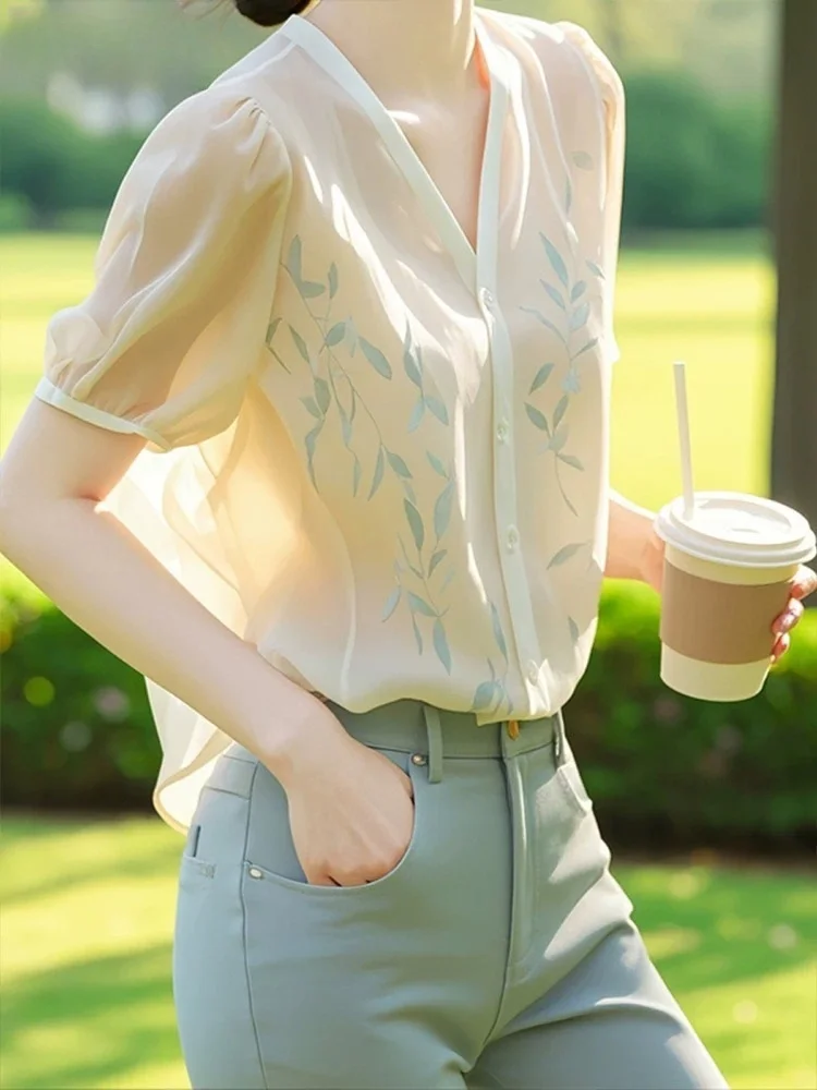 Athvotar Athvotar Small Fresh Short Sleeve Chiffon Shirt Women's Summer 2025 New Temperament Elegant Printed Shirt V Collar Top