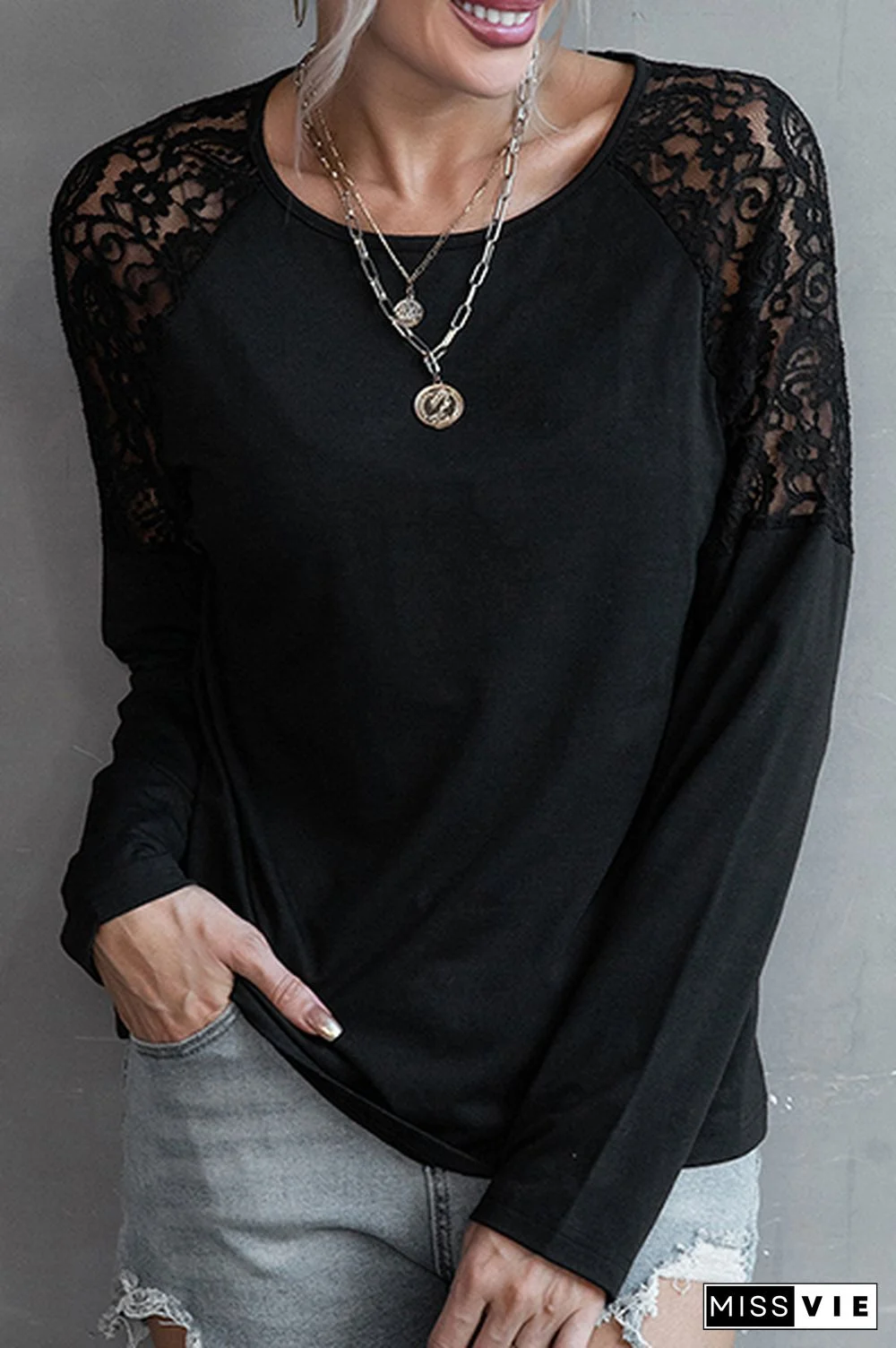 Casual Patchwork Lace Hollowed Out O Neck Tops