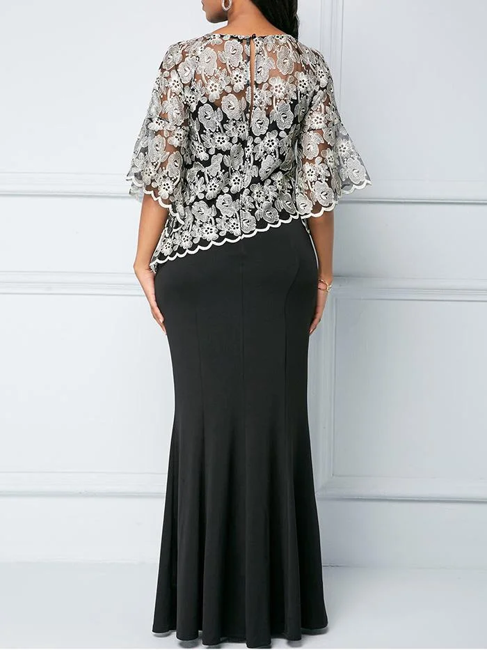 Lace Patch V-neck Slim Wrap Hip Fishtail Dress