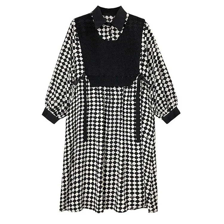 Fashion Black Lapel Patchwork Checkerboard Splicing Vest Long Sleeve Shirt Dress 