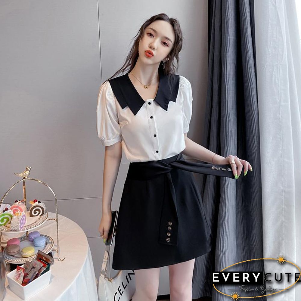 Lapel Chiffon Tee+black Skirt P13068