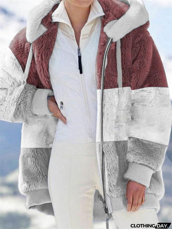 Ladies Warm Fleece Patchwork Full Zipper Hooded Coat
