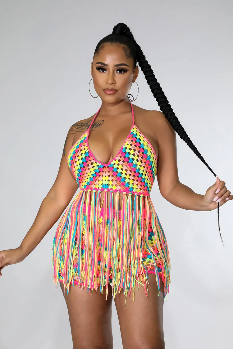 Vacation Fringes Halter Crochet Two Piece Set