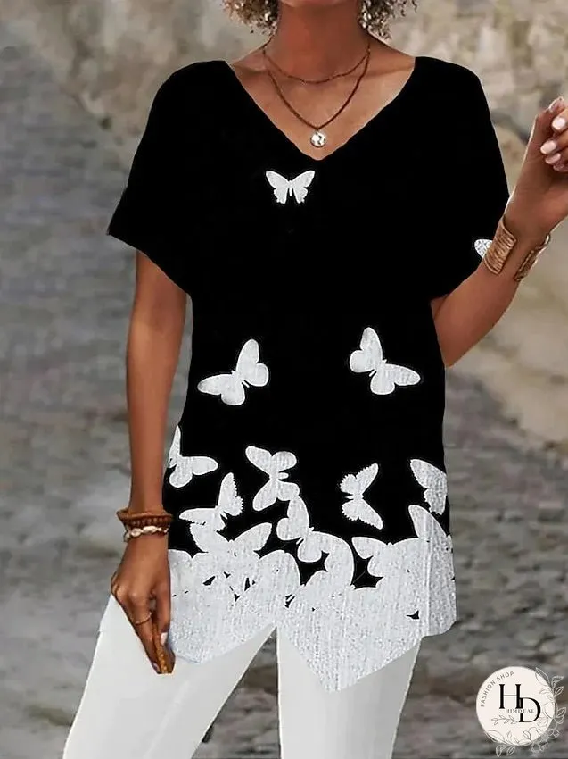 Blouse Black Yellow Blue Graphic Butterfly Asymmetrical Print Short Sleeve Daily Weekend Basic V Neck Regular Butterfly Painting S for Women