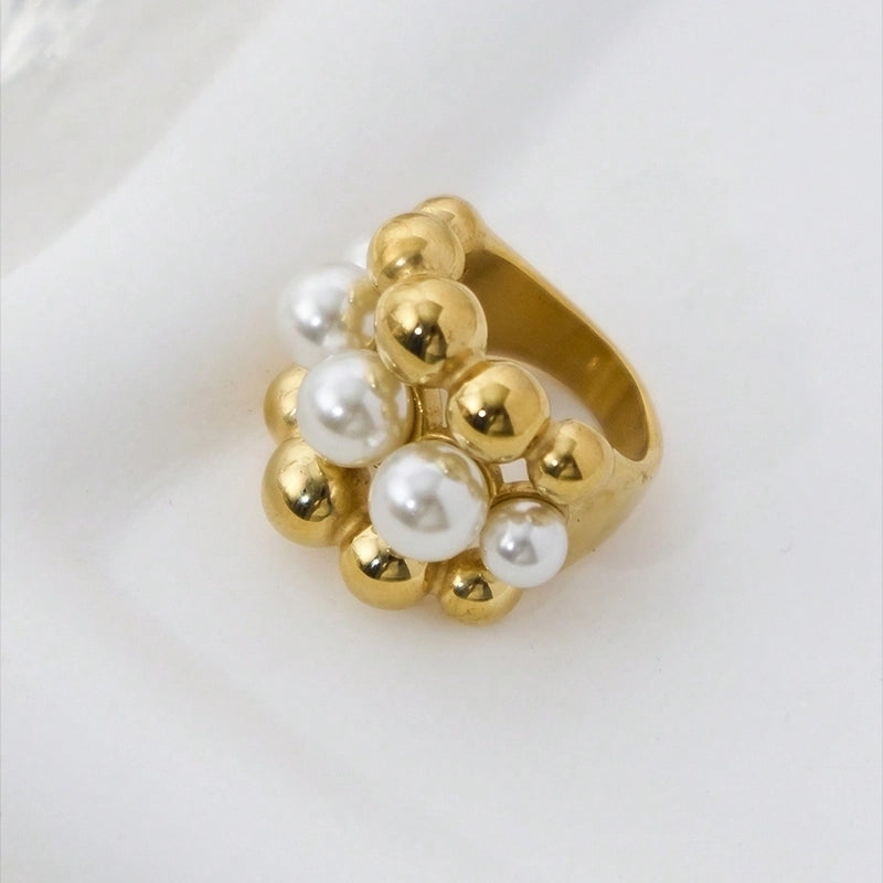 304 Stainless Steel 14K Gold Plated Vintage Style Minimalist Plating Hollow Out Inlay Round Pearl Rings