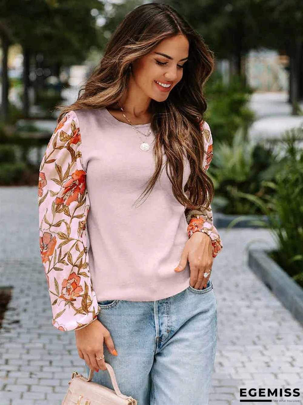 Printed Puff Sleeves Crewneck Casual Sweater | EGEMISS