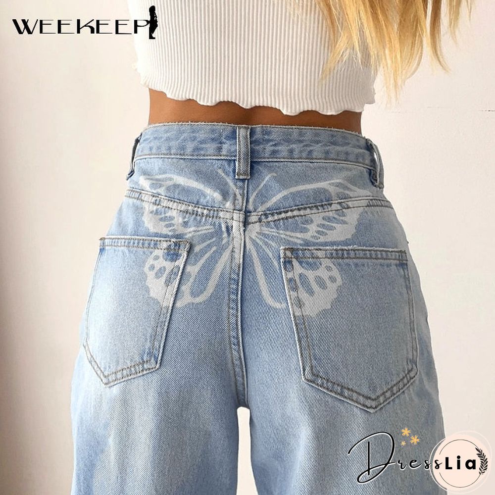 Weekeep Butterfly Print Streetwear Jeans High Waist Women Jeans Korean Fashion Straight Trouser Denim Pants Harajuku