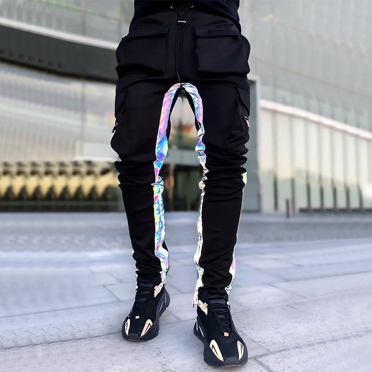 Mens Fashion Reflective Striped Solid Color Casual Pants - BlackFridayBuys