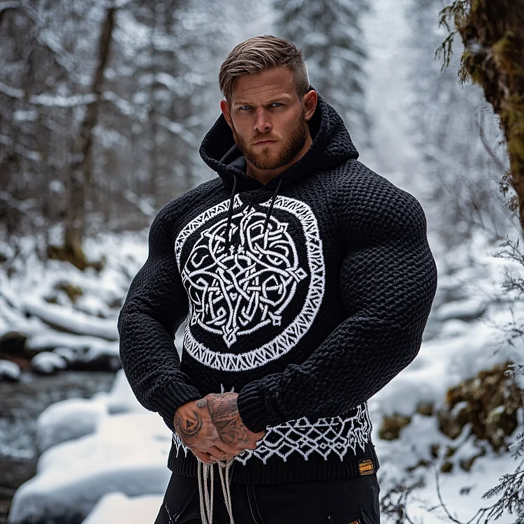 Men's Viking Tribal Jacquard Celtic Inspired Chunky Knit Hooded Sweater