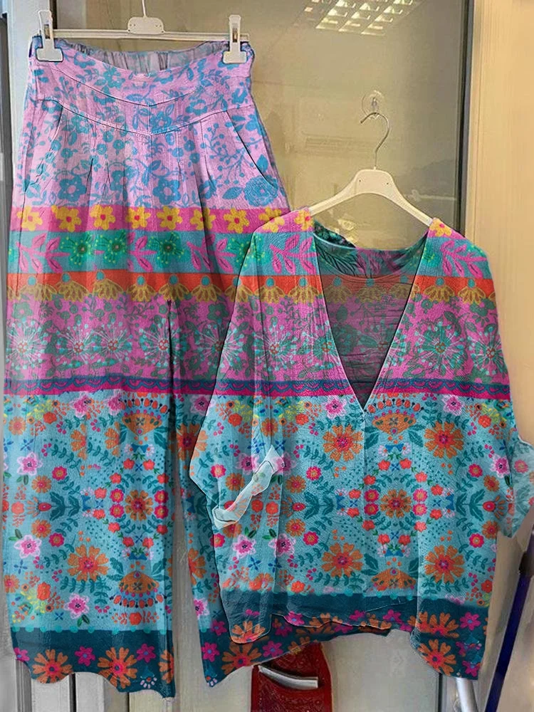 Women's Floral Pattern Art Print V-Neck Top Wide Leg Pants Cotton Set