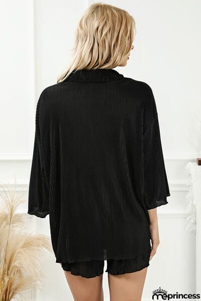 Pleated Button Up Shirt and Shorts Lounge Set