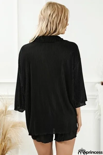 Pleated Button Up Shirt and Shorts Lounge Set