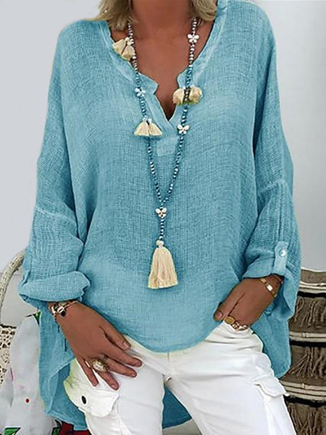 Women's Plus Size T shirt Solid Colored Long Sleeve V Neck Tops Loose Basic Top White Black Blushing Pink-806