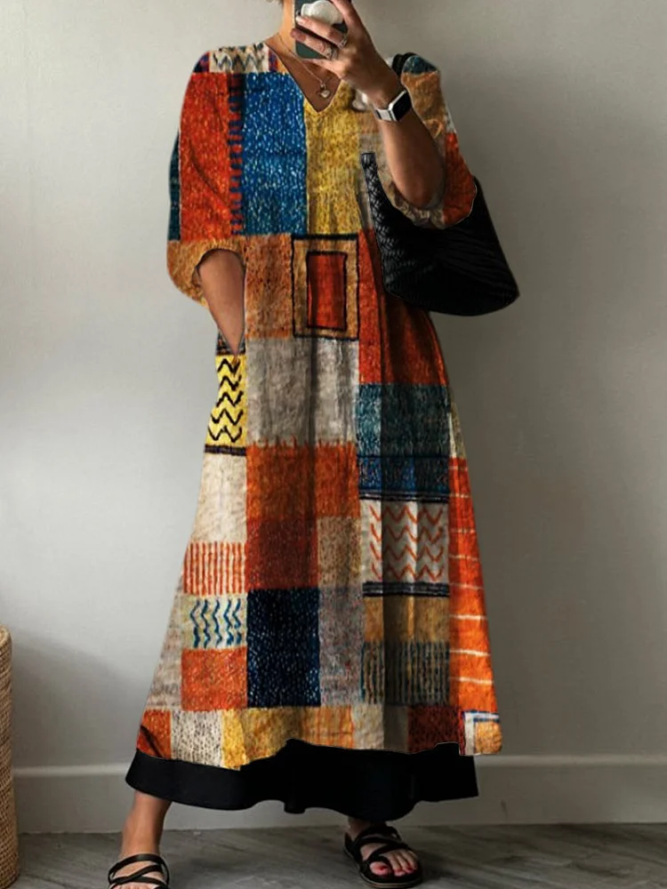 Art Print Pocket V-neck Cotton Dress