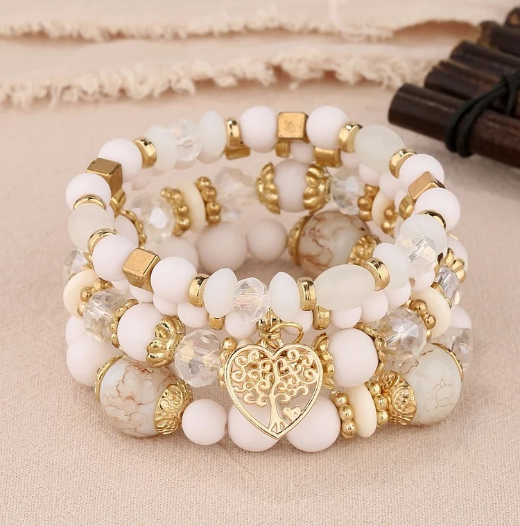 New Bohemian Ethnic Style Crystal Peach Heart Multi Layer Bracelet With Hollow Beads For Women