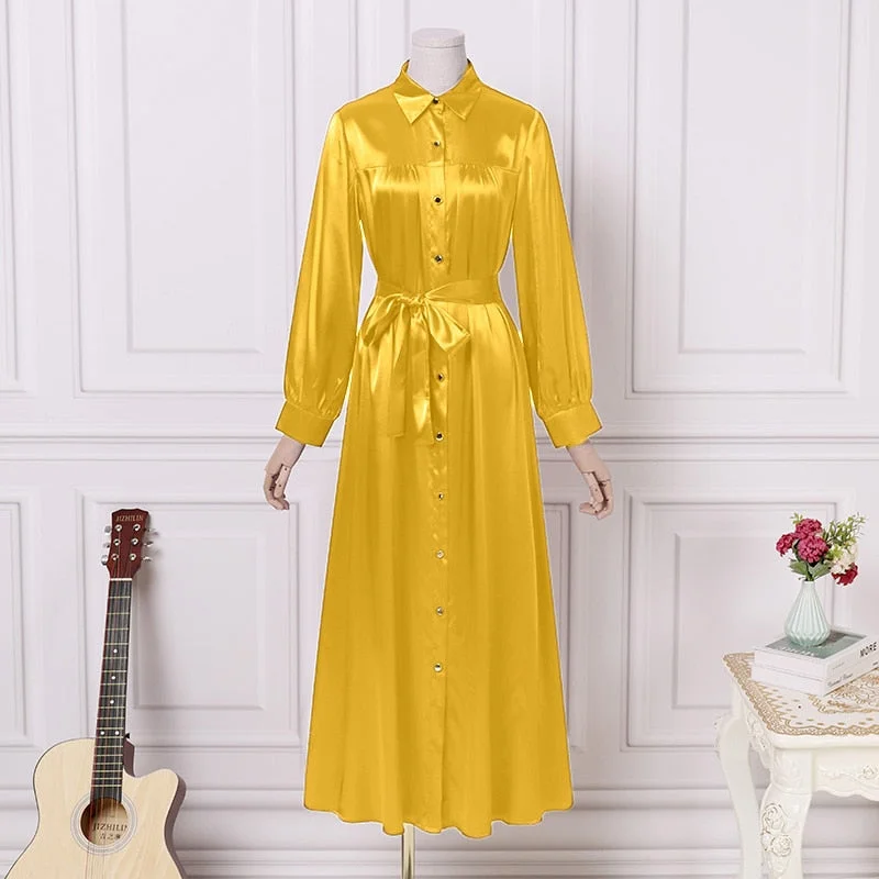 Satin Slik Dress VONDA 2022 Women Turn Down Neck Autumn Long Sleeve Shirt Dresses Lapel Button Down Bohemian Party Vestidos