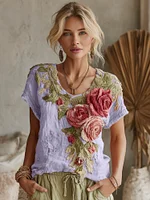 Women's Vintage Floral Art Linen Crew Neck Short Sleeve T-shirt - Image 5