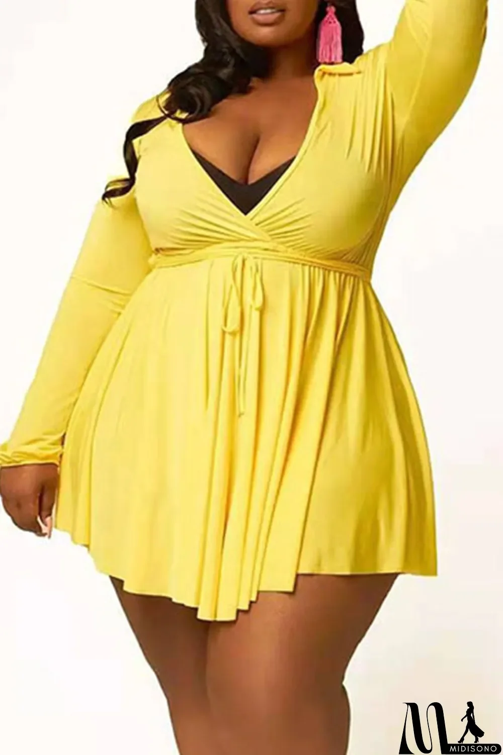 MidiSono - Rose Red Casual Solid Patchwork Frenulum Asymmetrical Turndown Collar A Line Plus Size Dresses