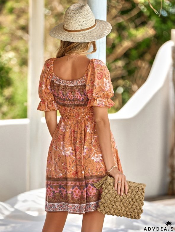 Boxy Patterned Warm-Season Bohemian Neckline Dress