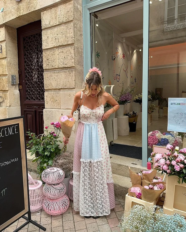 Cgacest Elegant Print Perspective Lace Up High Waist Long Dress Women Halter Backless Sleeveless Dresses Summer Lady Streetwear Robes