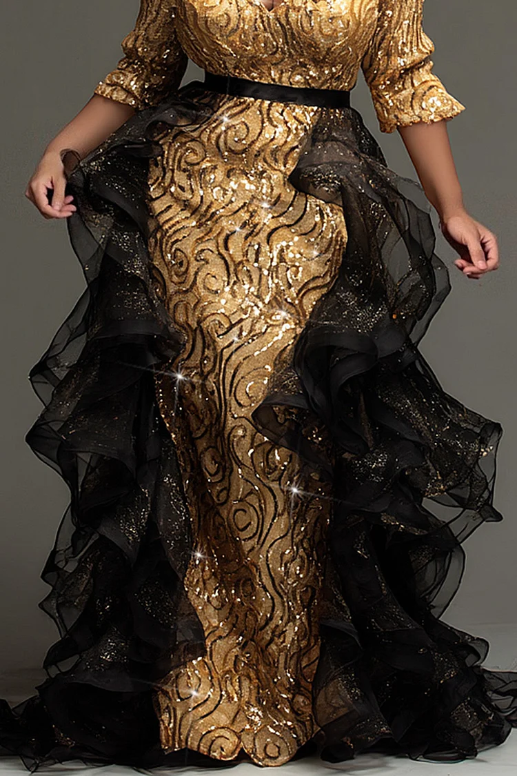 Xpluswear Design Plus Size Formal Gold V Neck 3/4 Sleeve Detachable Overskirt Elegant Ruffle Tulle Sequin Maxi Dresses [Pre-Order]