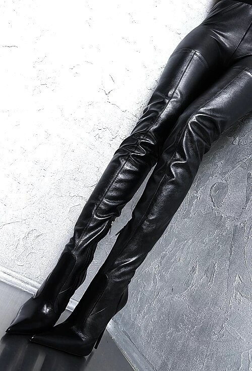 Chaussures Femme Motorcycle Black Leather Knee Thigh High Long Boots Over The Knee Zipper High Heel Long Botas