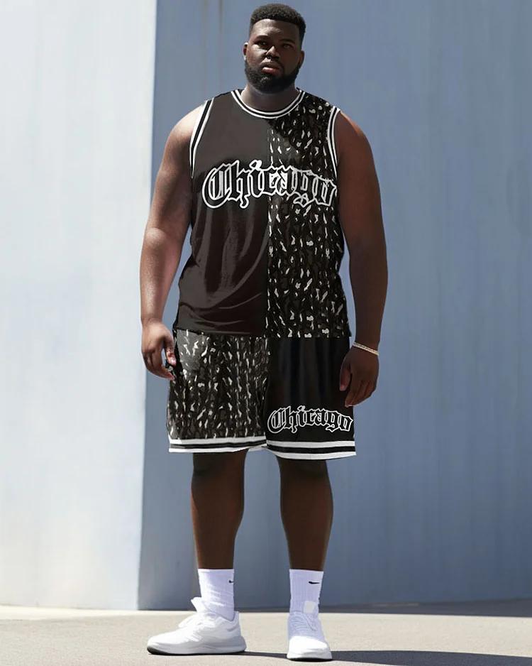 Men's Plus Size Chicago Basketball Stitching Pattern Vest Sports Two-piece Set
