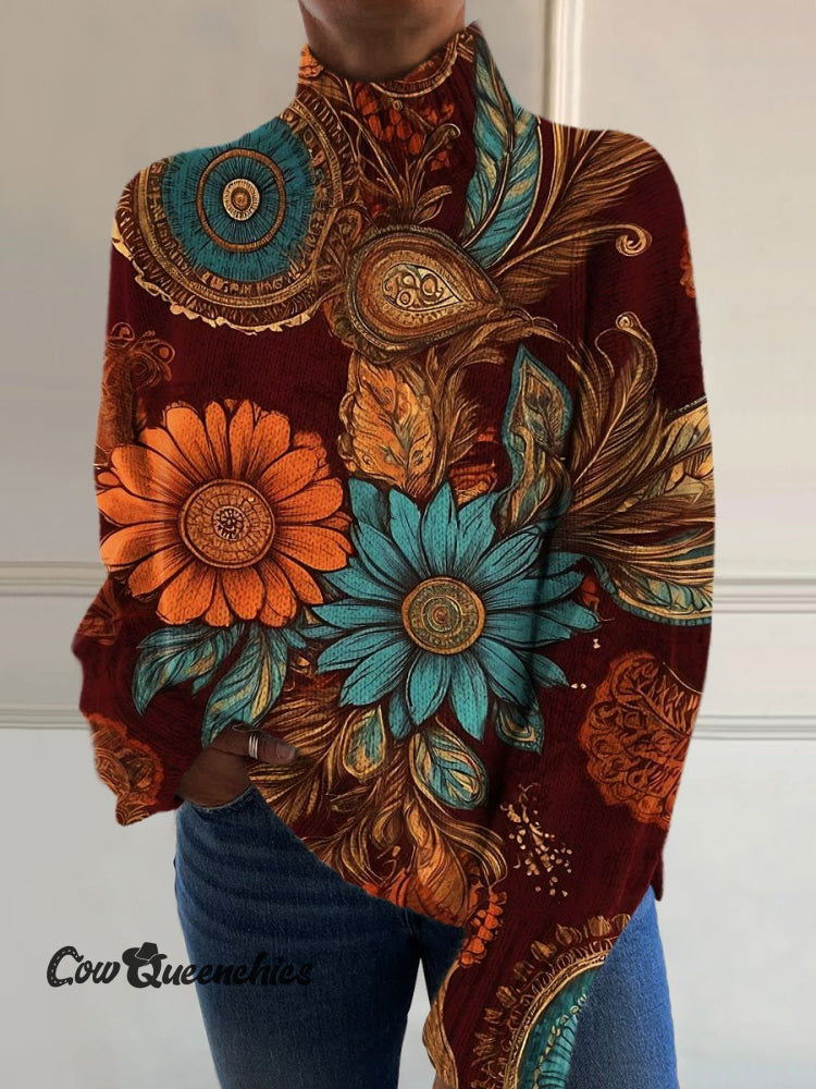 Vintage Flower Art Print Knit Turtleneck Pullover Sweater Multicolor / S