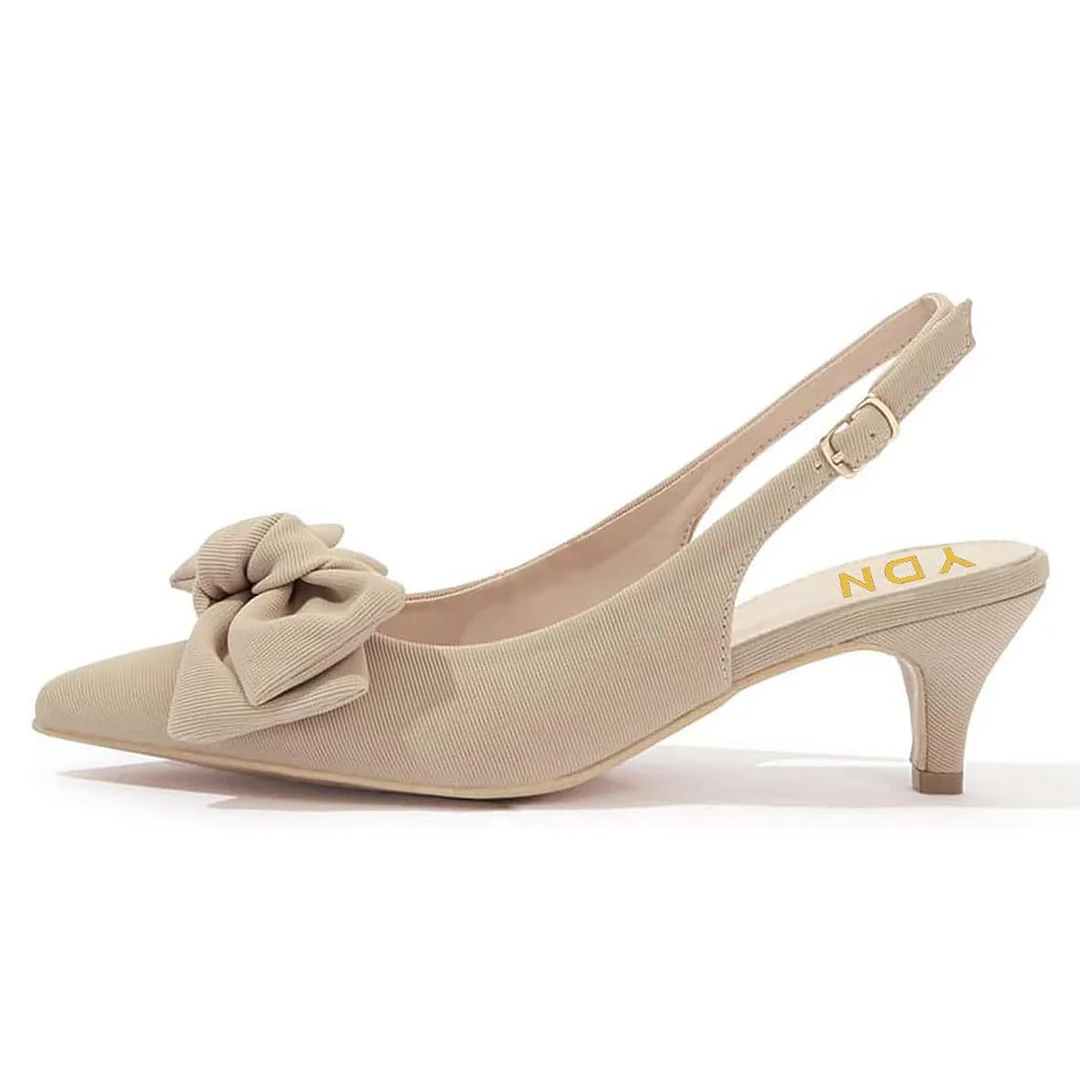Beige Pointed Toe Bowknot Decor Slingback Kitten Heel Pumps