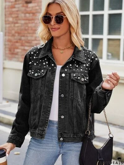 Pearl Detail Collared Neck Long Sleeve Denim Jacket