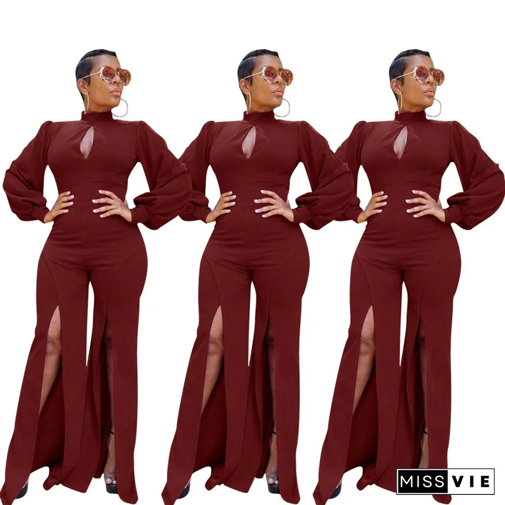 Solid Color Full Sleeves Splits Long Jumpsuit