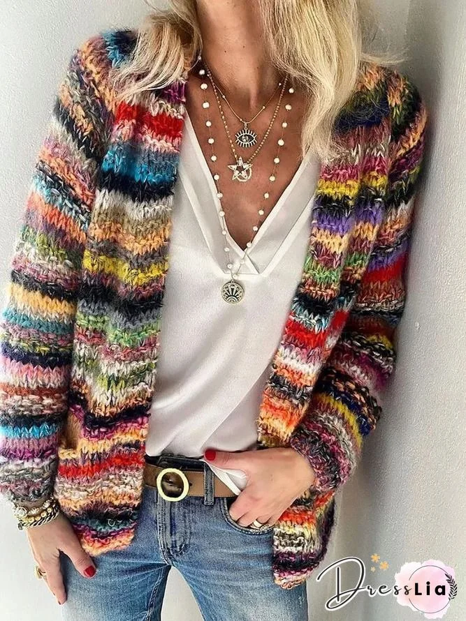 Casual Color Texture Stripe Color-block Wool/Knitting Loose Sweater