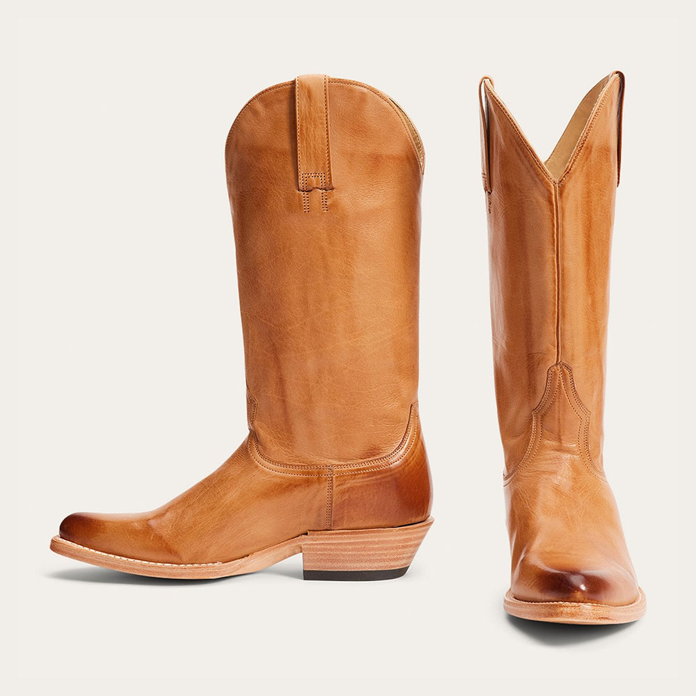 Vintage Tan Block Heel Snip Toe Mid Calf Cowgirl Boots for Women Nicepairs