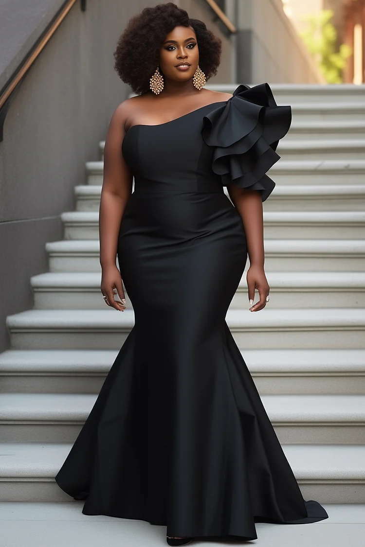 Xpluswear Design Plus Size Formal Black Elegant Oblique Collar 3D Flutter Sleeve Ruffle Bodycon Satin Maxi Dresses [Pre-Order] 2024 - Xpluswear