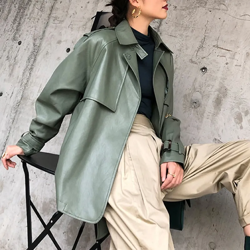 Fitaylor New Spring Autumn 2021 PU Leather Jacket Casual Female Streetwear Outwear Jackets Women Faux PU Leather Belt Coat