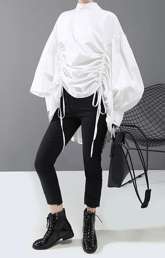 Lantern Sleeve Woman Casual Style Black White Hipster Blouse Shirt