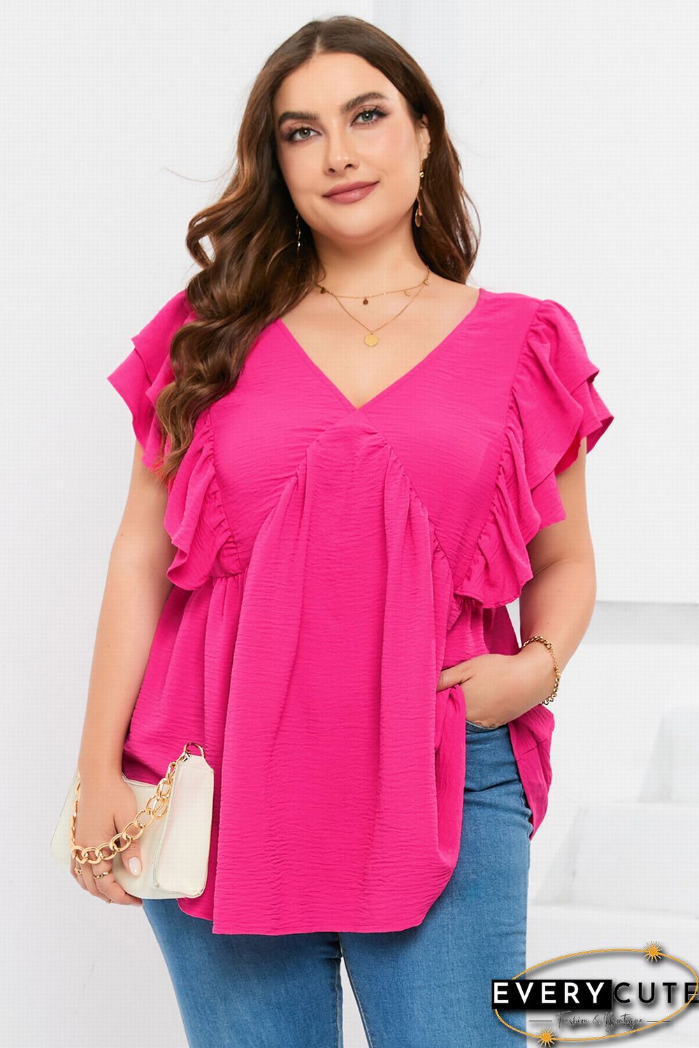 Plus Size Ruffle V Neck Tie Back Tunic Top