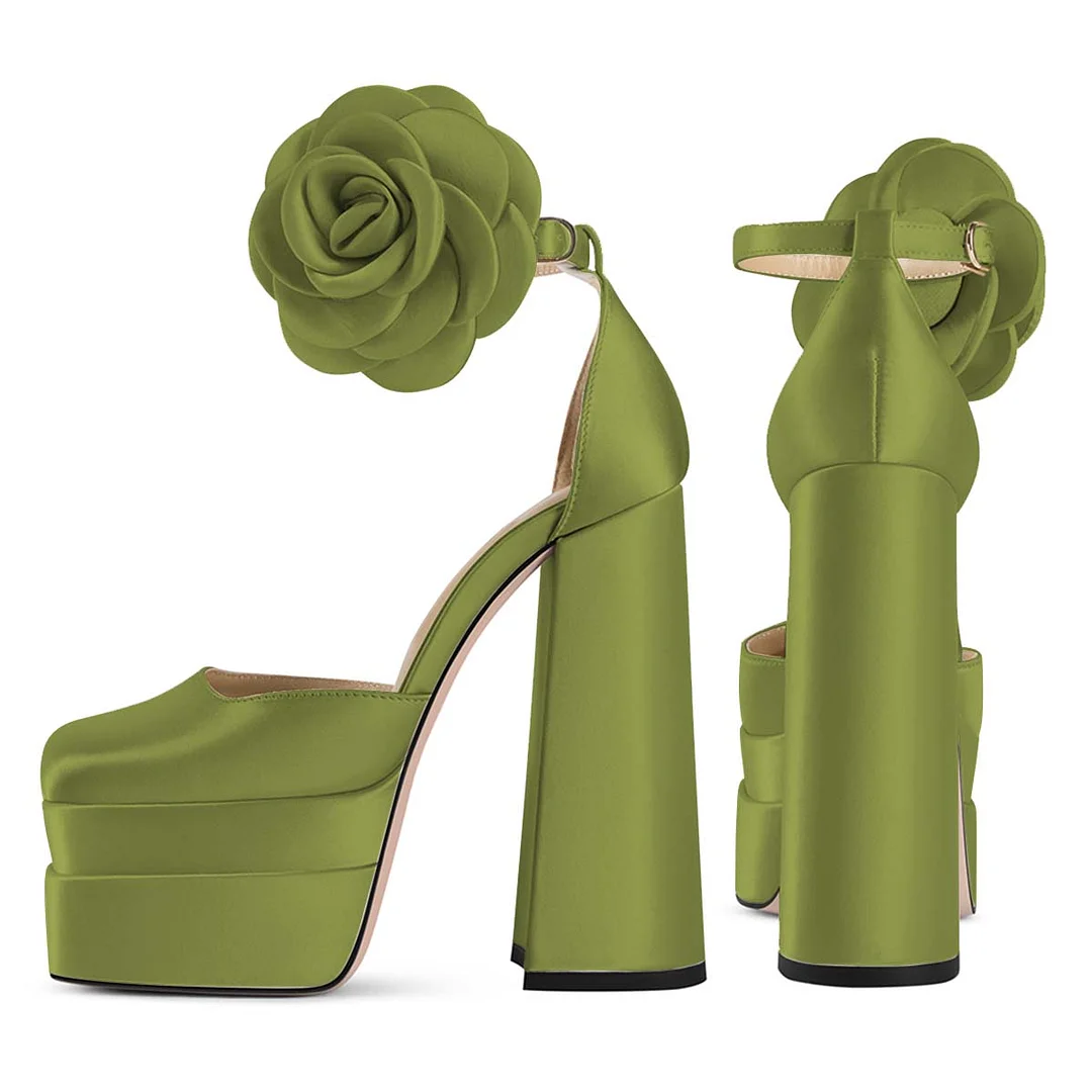 YDN Satin Flower Decor Square Toe Women's Platform Heels in Olive