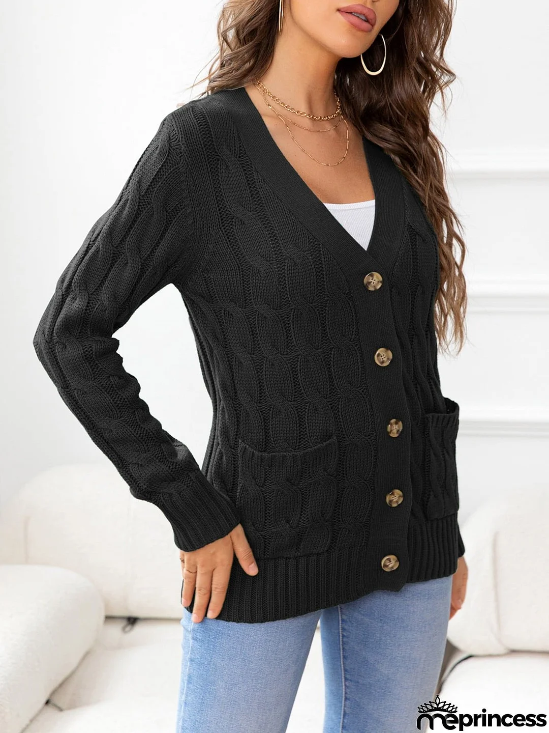 Button Down Cable-Knit Cardigan
