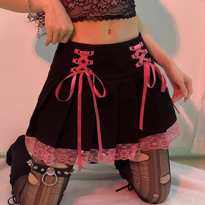 Gothic Y2K Pleated Skirt Women Skirt Punk Style Vintage Sexy Mini Skirt  High Waist  Tie Up Aesthetic Black Dance Short Skirt
