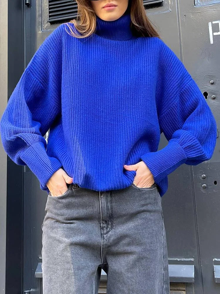 Toloer Turtleneck Oversized Sweater Women Blue Warm Loose Knitted Pullover Women Thick Turtleneck Jumper Sweaters Yellow Tops